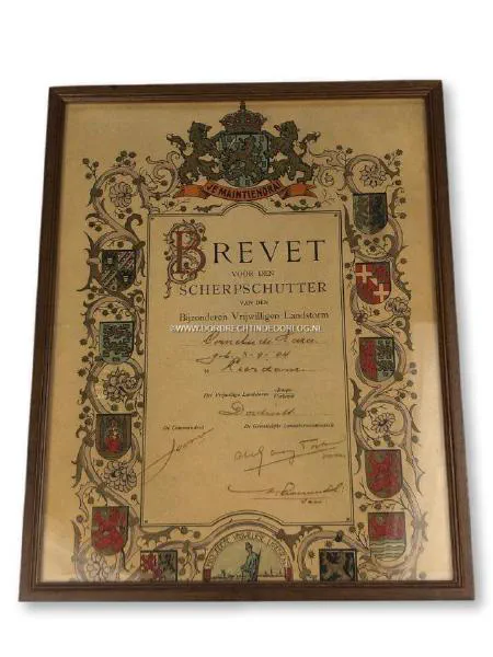 Brevet voor den Scherpschutter Bijzonder Vrijwillige Landstorm Dordrecht.
